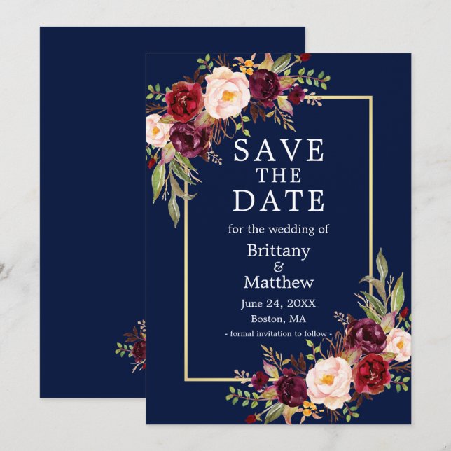 Watercolor Burgundy Roses Blue Gold Frame Save The Date (Front/Back)