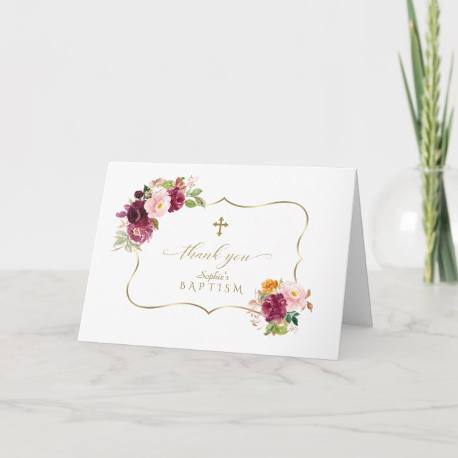 Watercolor Burgundy Saffron Flowers Gold Baptism Thank You Card (Front)