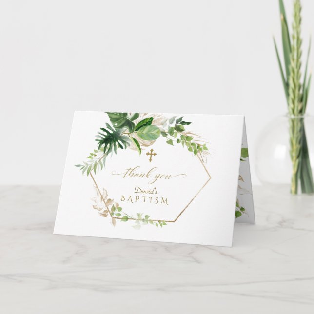 Watercolor Burgundy Saffron Flowers Gold Baptism Thank You Card (Front)