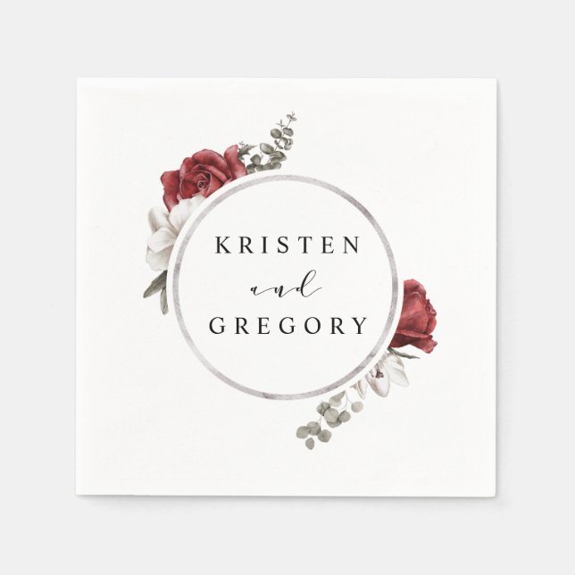 watercolor burgundy silver floral monogram wedding napkin (Front)