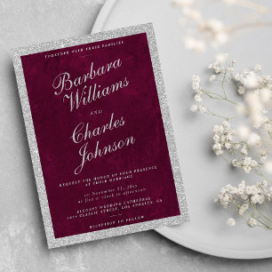 Watercolor burgundy silver glitter luxury wedding  invitation