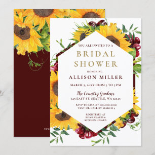 Watercolor Burgundy Sunflower Rustic Bridal Shower Invitation