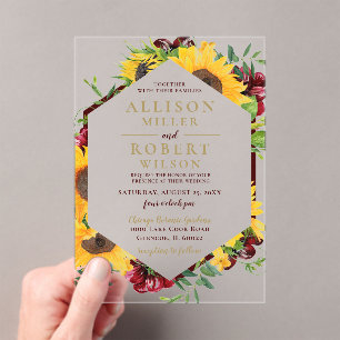 Watercolor Burgundy Sunflower Rustic Wedding Acrylic Invitations