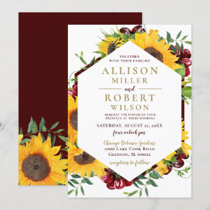 Watercolor Burgundy Sunflower Rustic Wedding Invitation