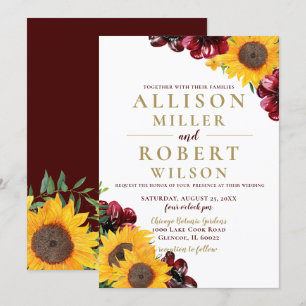 Watercolor Burgundy Sunflower Rustic Wedding Invitation