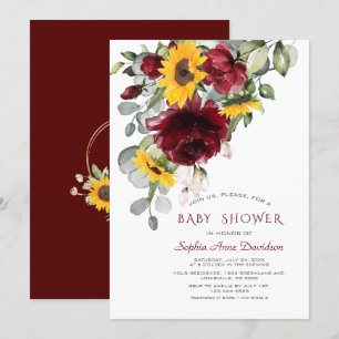 Watercolor Burgundy Sunflowers Gold Baby Shower Invitation