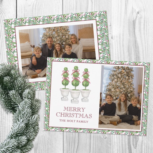 Watercolor Burgundy Topiary Christmas Photo Holiday Card (Creator Uploaded)