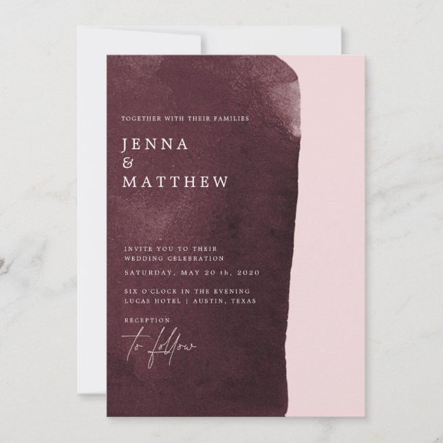 watercolor burgundy wash modern wedding invitation (Front)