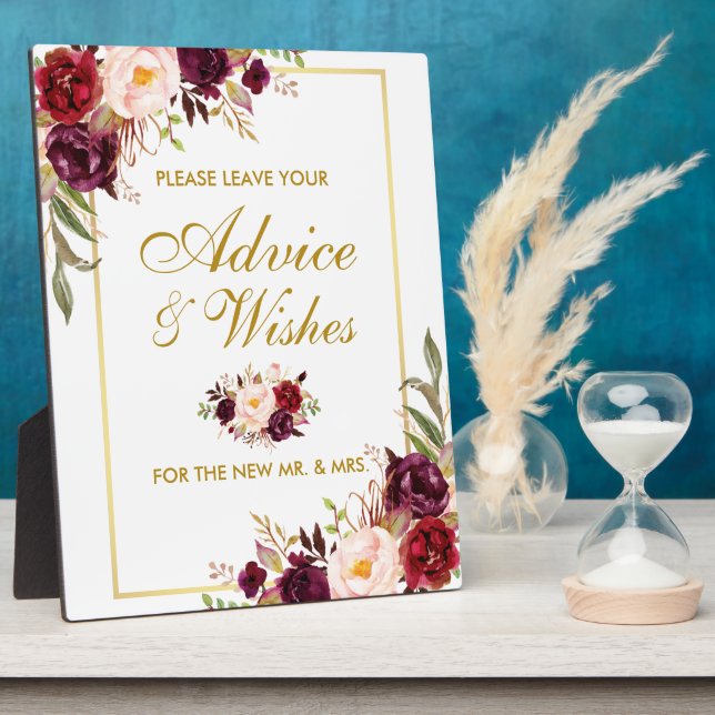 Watercolor Burgundy Wedding Advice and Wishes Plaque (Side)
