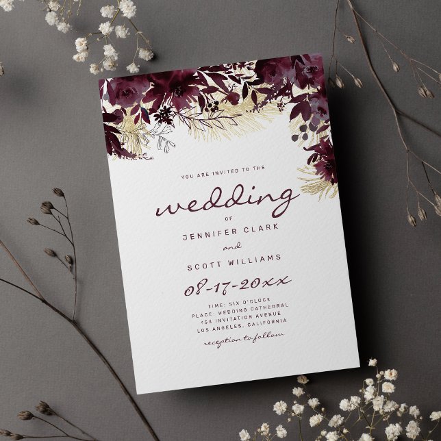 Watercolor burgundy white gold floral wedding invitation (Watercolor burgundy white gold floral wedding invitation )