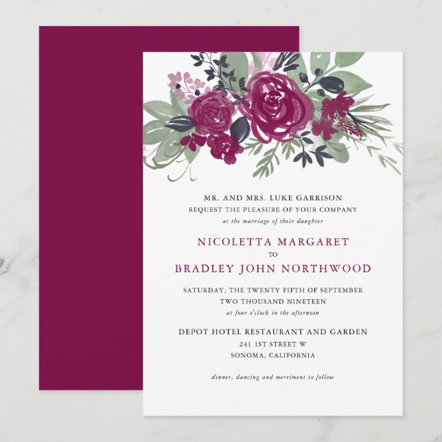 Watercolor Burgundy Wine Floral Boho Wedding Invitation (Front/Back)