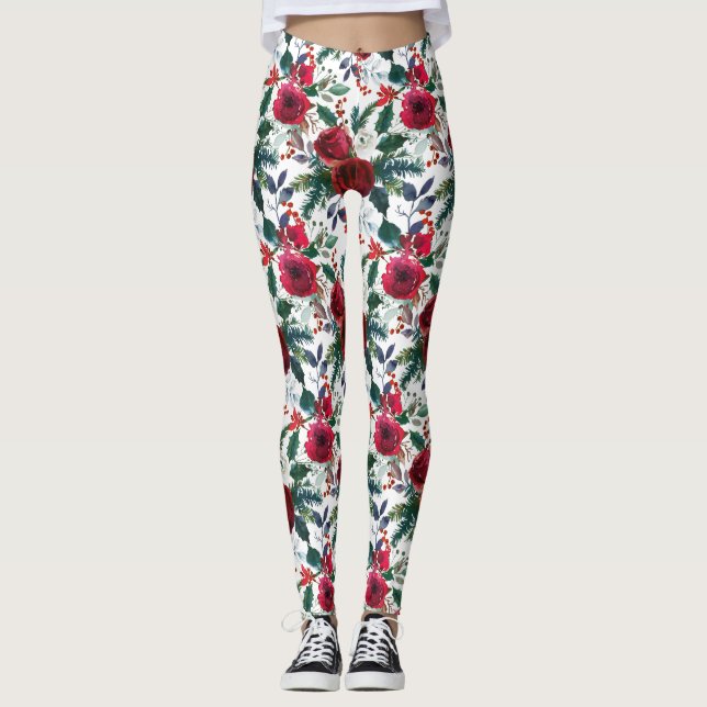 Watercolor Burgundy Winter Flowers Christmas Leggings (Front)