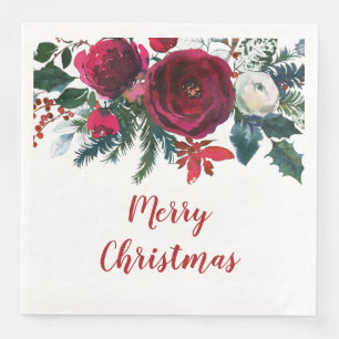 Watercolor Burgundy Winter Flowers Christmas Napkin