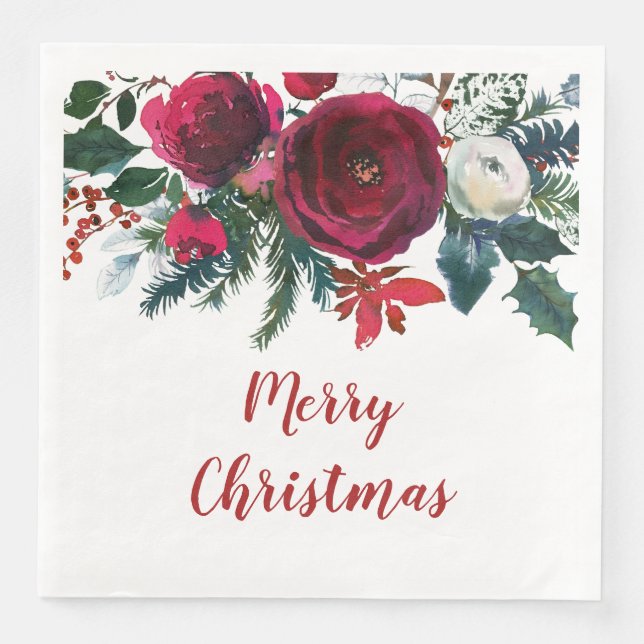 Watercolor Burgundy Winter Flowers Christmas Napkin (Front)