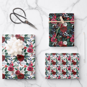 Watercolor Burgundy Winter Flowers Christmas Wrapping Paper Sheet