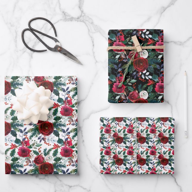 Watercolor Burgundy Winter Flowers Christmas Wrapping Paper Sheet (Front)