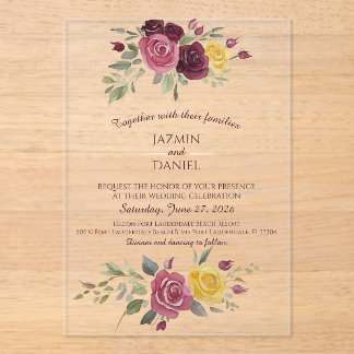 Watercolor Burgundy Yellow Roses Red Acrylic Invitations
