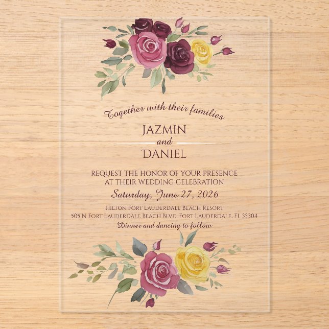 Watercolor Burgundy Yellow Roses Red Acrylic Invitations (Front)