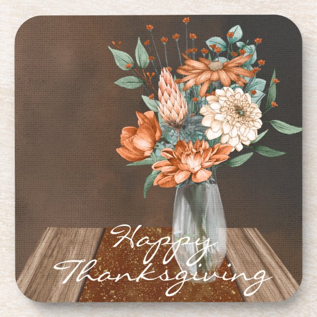 Watercolor Burnt Orange Flower Happy Thanksgiving Coaster (Front)