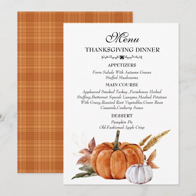 Watercolor Burnt Orange Pumpkin Thanksgiving  Menu (Front/Back)