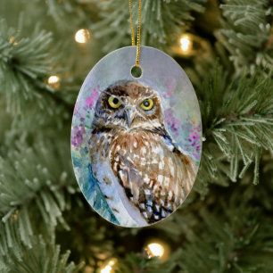 Watercolor Burrowing owl Athene cunicularia Ceramic Tree Decoration