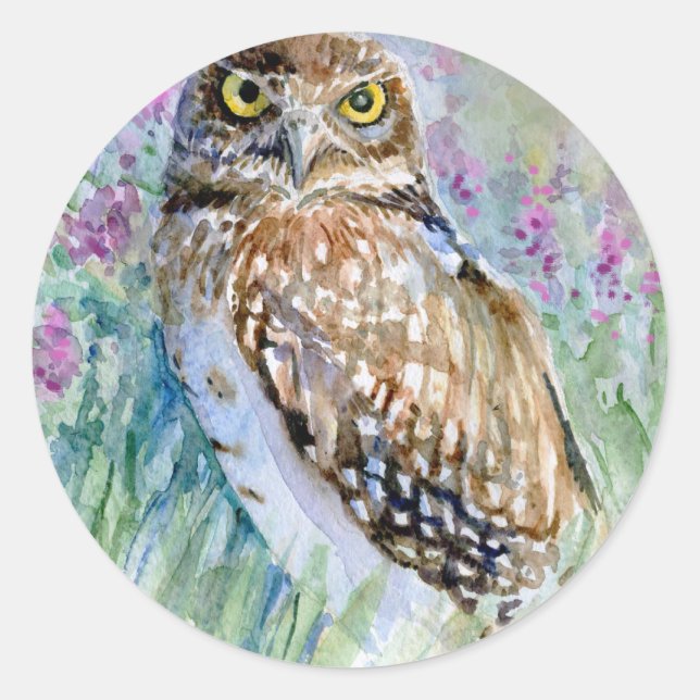 Watercolor Burrowing owl Classic Round Sticker (Front)
