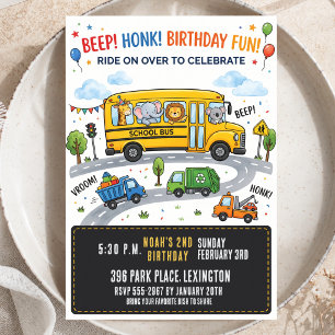 Watercolor Bus 2nd Birthday Animal Party Transport Invitation