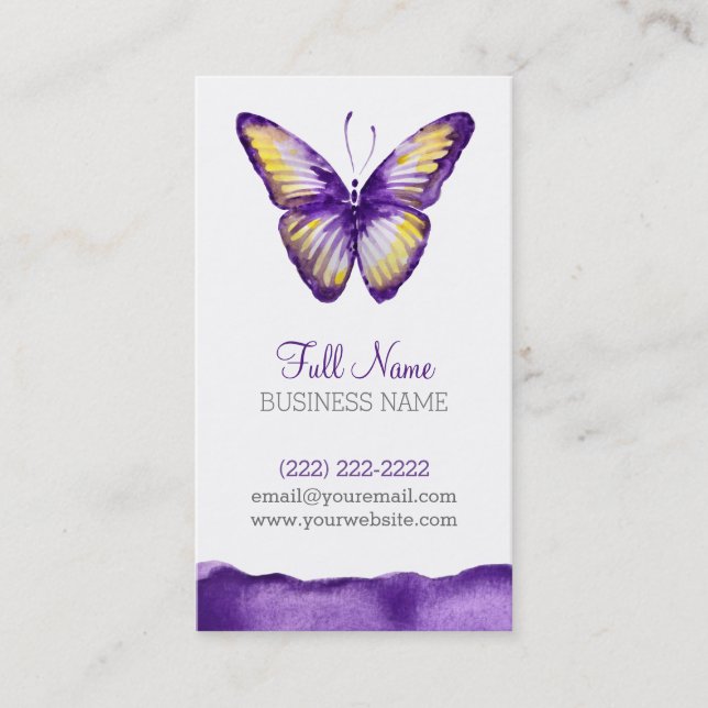 Watercolor Business Card Designs, Violet Butterfly (Front)