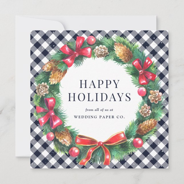 Watercolor Business Christmas Wreath Blue Holiday Card (Front)