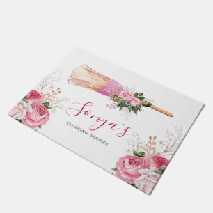 Watercolor Business Cleaning Service Pink Broom Doormat