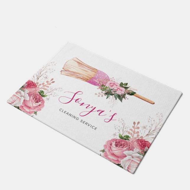 Watercolor Business Cleaning Service Pink Broom Doormat (Angled)