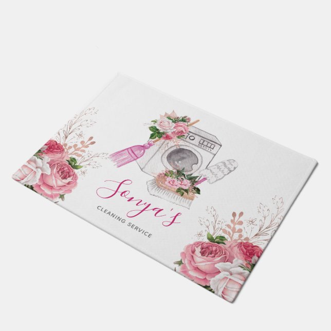 Watercolor Business Cleaning Service Pink Doormat (Angled)