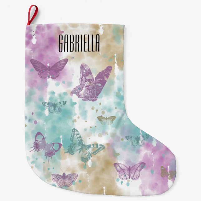 Watercolor Butterflies Abstract Personalised Large Christmas Stocking (Front)