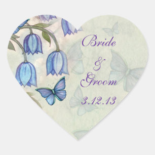 Watercolor Butterflies and Blue Flowers Wedding Heart Sticker