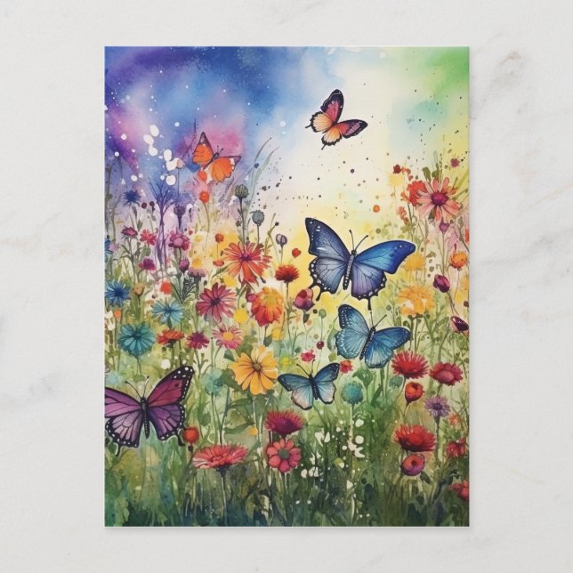 Watercolor Butterflies and Flowers Holiday Postcard (Front)
