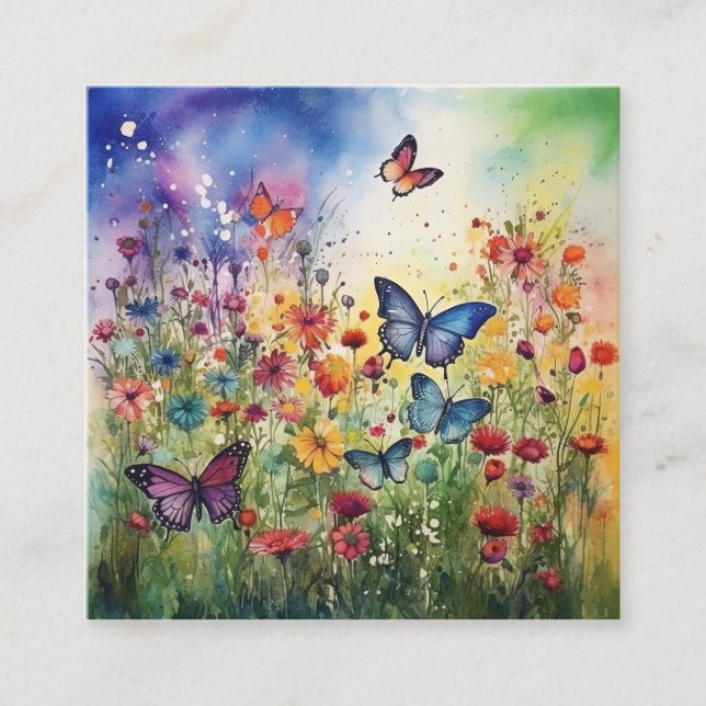 Watercolor Butterflies and Flowers Square Business Card (Front)