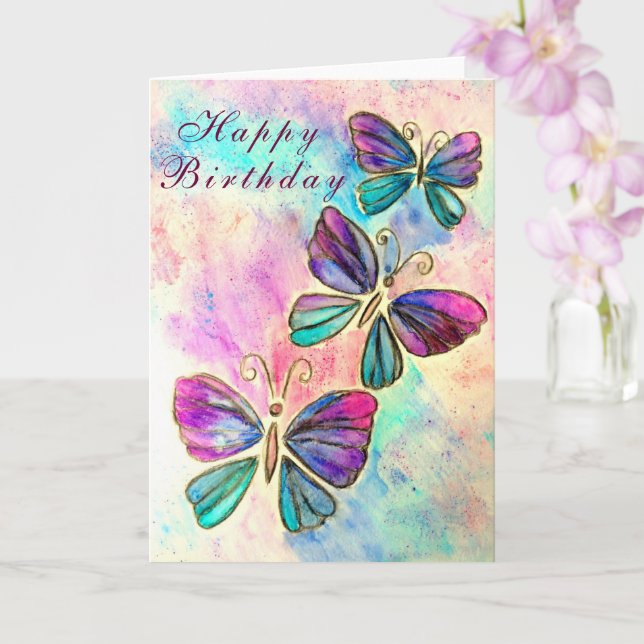 Watercolor Butterflies Birthday Card (Orchid)