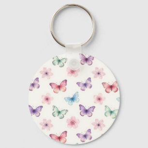 Watercolor Butterflies Cherry Blossoms Pattern Key Ring