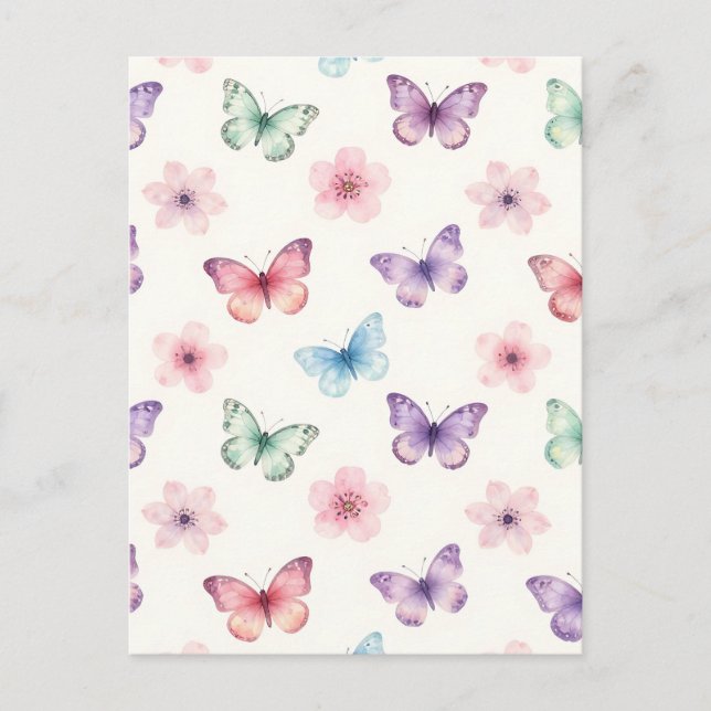 Watercolor Butterflies Cherry Blossoms Pattern Postcard (Front)