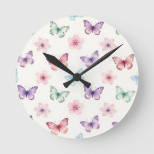Watercolor Butterflies Cherry Blossoms Pattern Round Clock