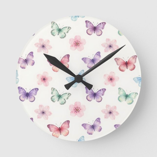 Watercolor Butterflies Cherry Blossoms Pattern Round Clock (Front)
