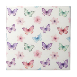 Watercolor Butterflies Cherry Blossoms Pattern Tile