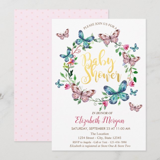 Watercolor Butterflies  Dotted  Shower Invitation (Front/Back)
