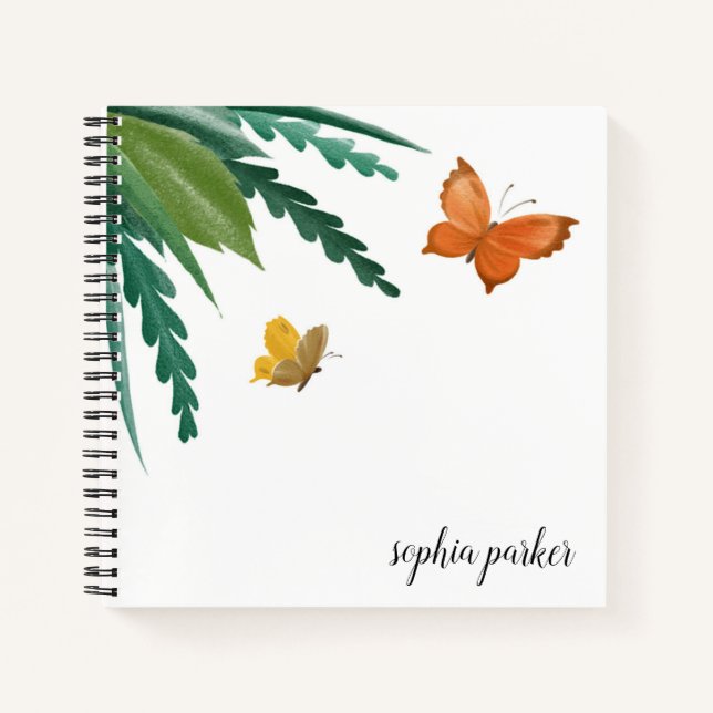 Watercolor Butterflies Green Botanical Foliage Notebook (Front)