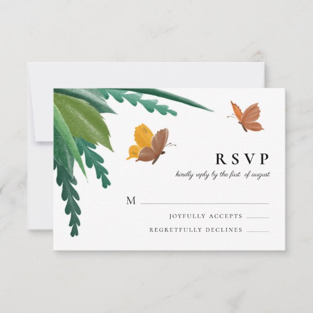 Watercolor Butterflies Green Foliage RSVP Card (Front)