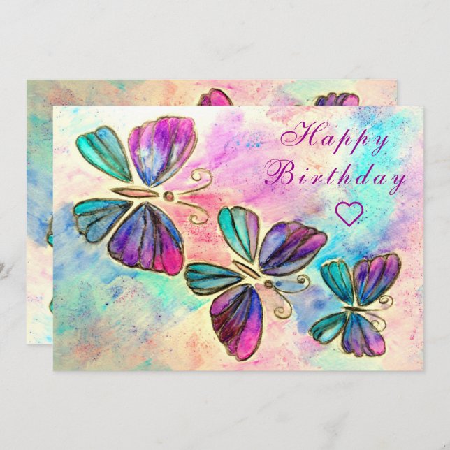 Watercolor Butterflies happy Birthday Card (Front/Back)