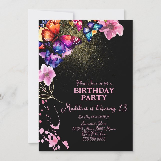 Watercolor Butterflies in Florals Black Birthday Invitation (Front)