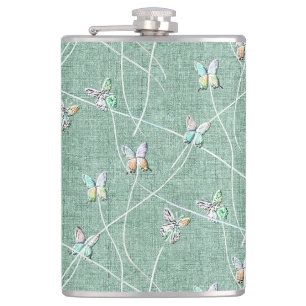 Watercolor  Butterflies on Mint Green  Hip Flask