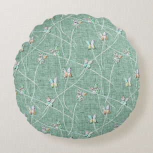 Watercolor Butterflies on Mint Green Round Cushion
