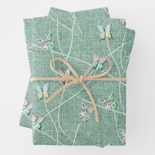 Watercolor Butterflies on Mint Green Wrapping Paper Sheet